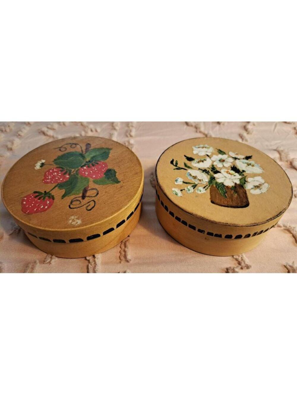 Vintage Hand-painted Folk-Art Wooden Boxes-Strawberries/Flowers Signed by Artist